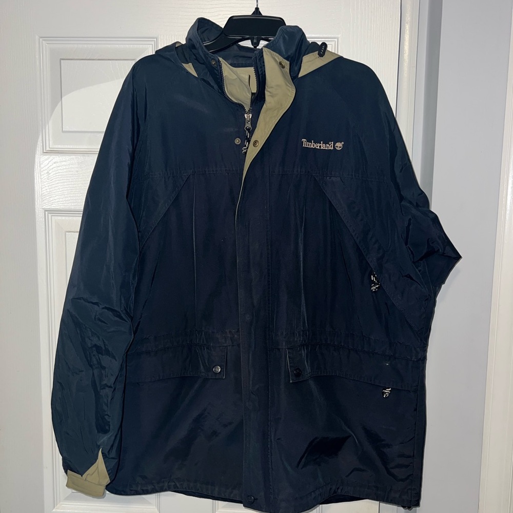 Timberland Weathergear Navy Raincoat with Hood and Zipper
